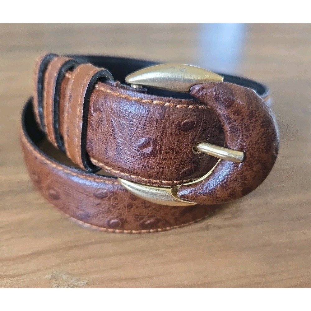 VTG Pellateri Women's Genuine Leather Embosssed Belt Brown/Gold Italy S 24"-28"